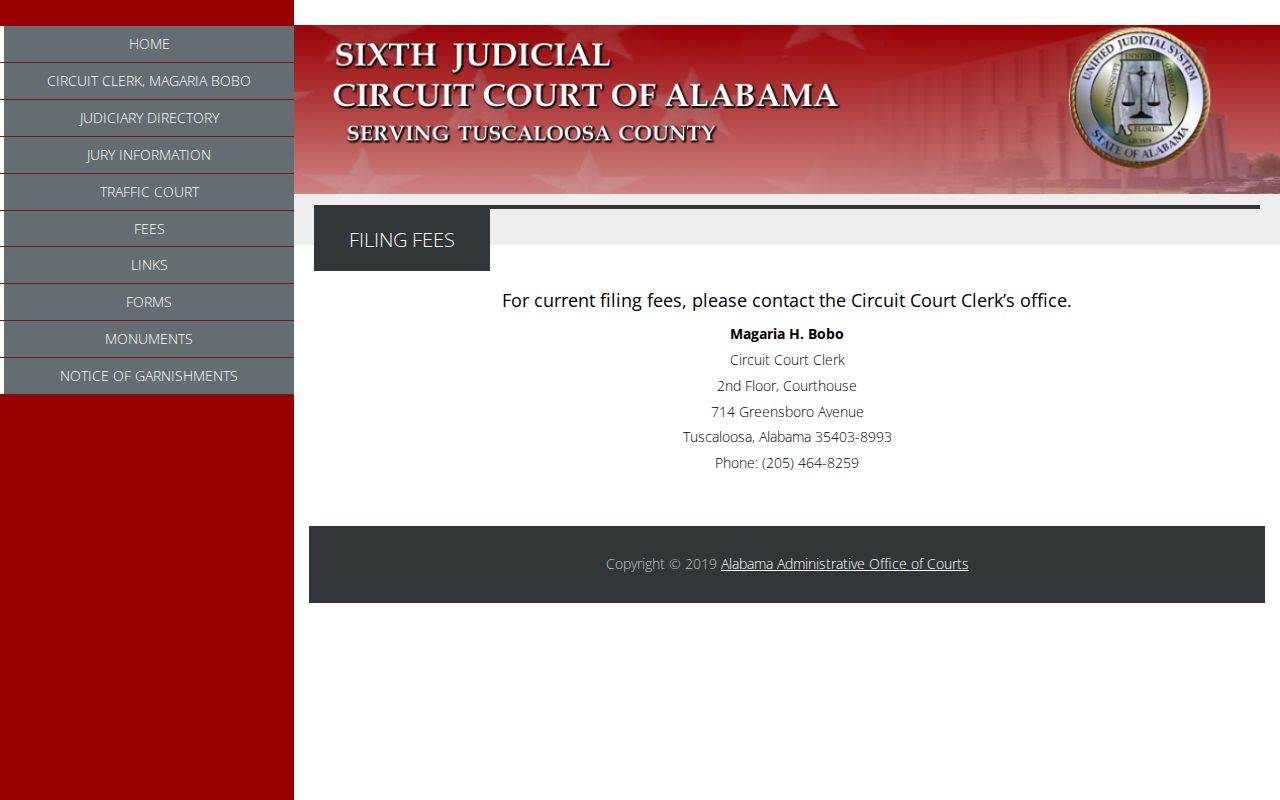 Tuscaloosa County Circuit Clerk filing fee information