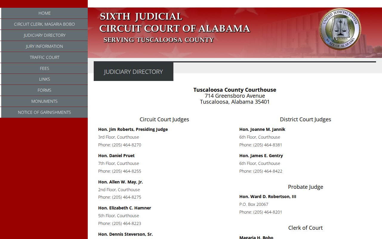 Tuscaloosa County Court judges and Circuit Clerk directory