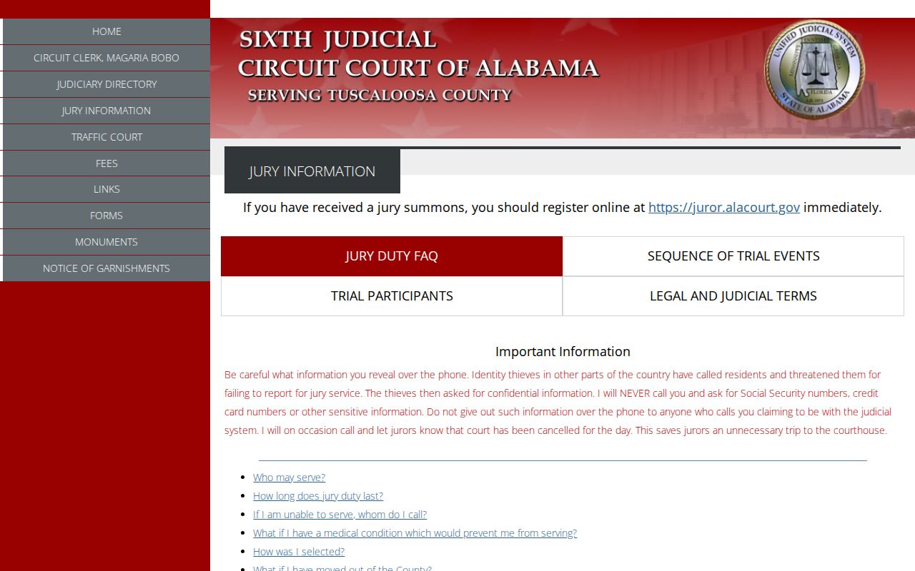 Tuscaloosa County Court jury parking and courthouse entry information