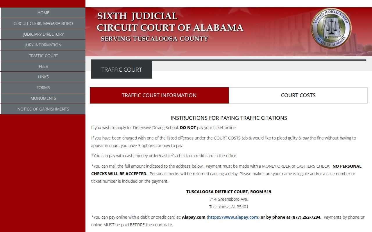 Tuscaloosa County traffic court records and District Court payment rules