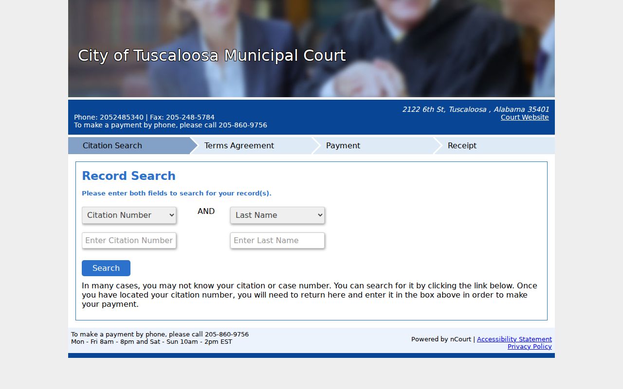 Tuscaloosa Municipal traffic citation search and payment fields